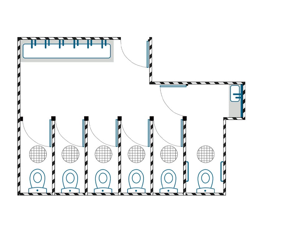 Illustrated drawing of ambulant superloos in traditional commercial washrooms