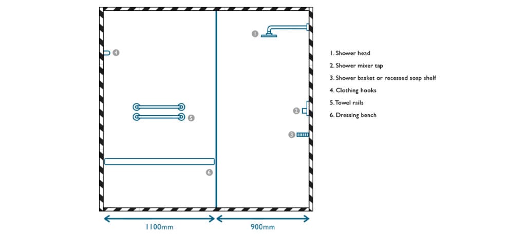 Minimum size of a commercial shower for end-of-trip facilities illustrated drawing