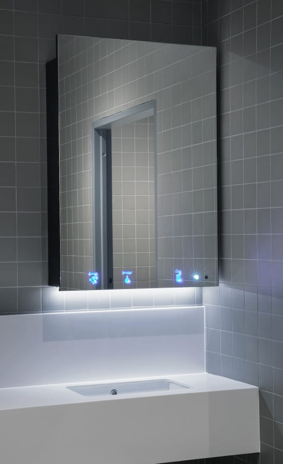 ALAVO premium and ALAVO lite design flexibility shown in a gray washroom