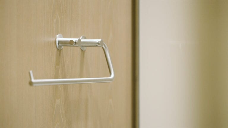 Close-up of a toilet roll holder in brushed stainless steel finish