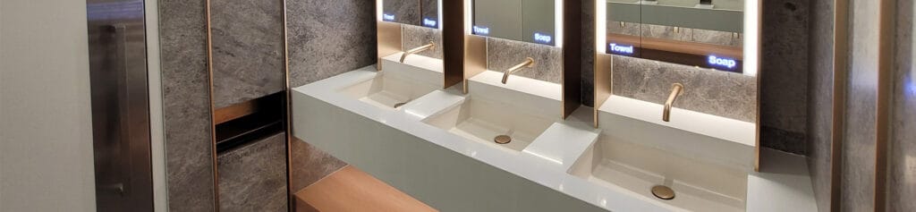 Eco-friendly finished washroom sensor taps, waste bin, and waste trap