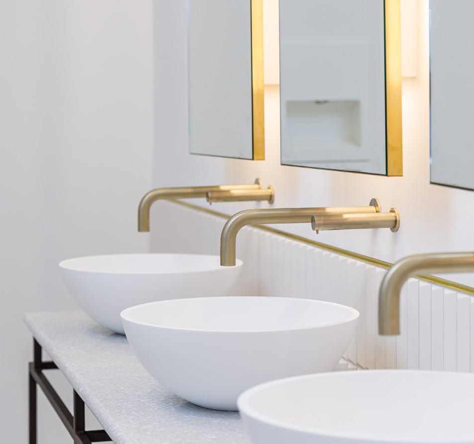 Gold commercial sensor taps and touch free soap dispensers