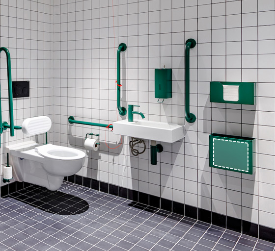 Dark green colours for Doc M accessible washroom fittings with access panel behind the waste bin diagram
