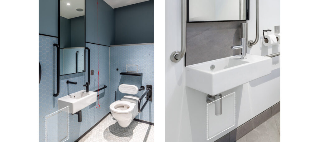 Two different wheelchair accessible washroom with access panel underneath the washbasins