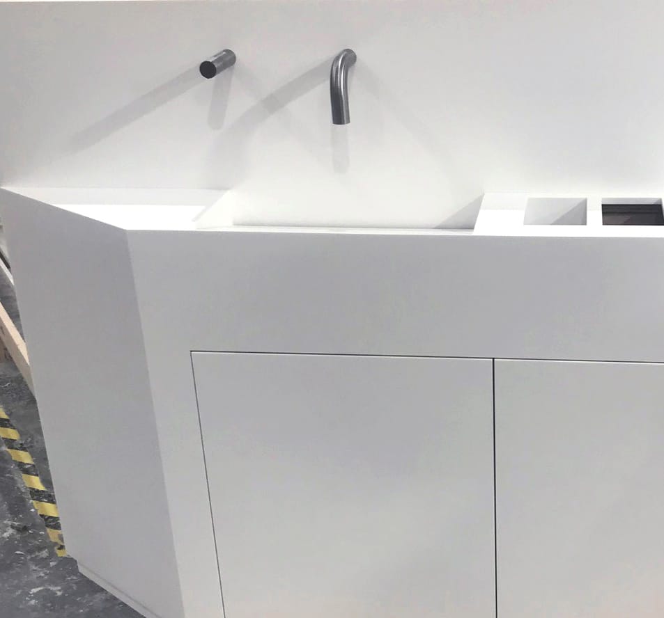 Highly functional washstation designed with wall mounted washroom touch free tap and soap dispenser