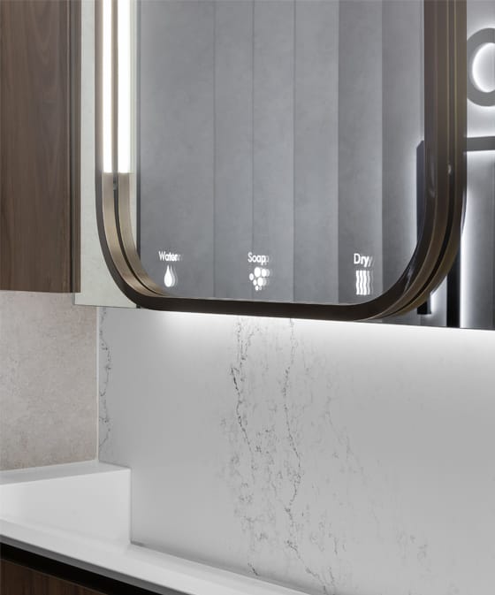 Behind mirror HEPA filtered hand dryer installed with Alavo washroom system