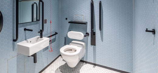 Blue and black themed accessible washroom