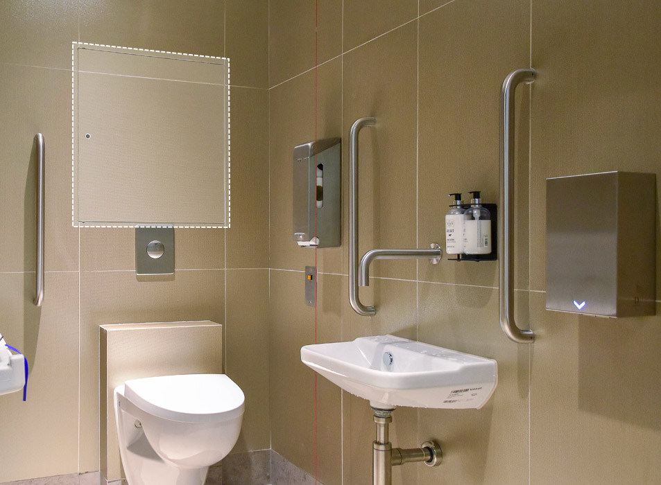 Doc M washroom layout with access panel above the WC cistern