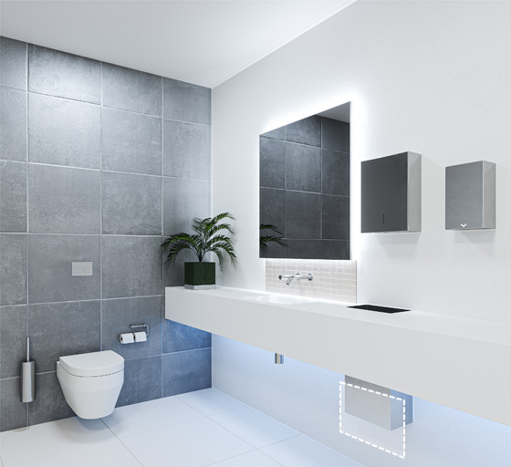 Superloo washroom using touch free tap, soap dispenser, and had dryer with an access panel under a floating wash trough