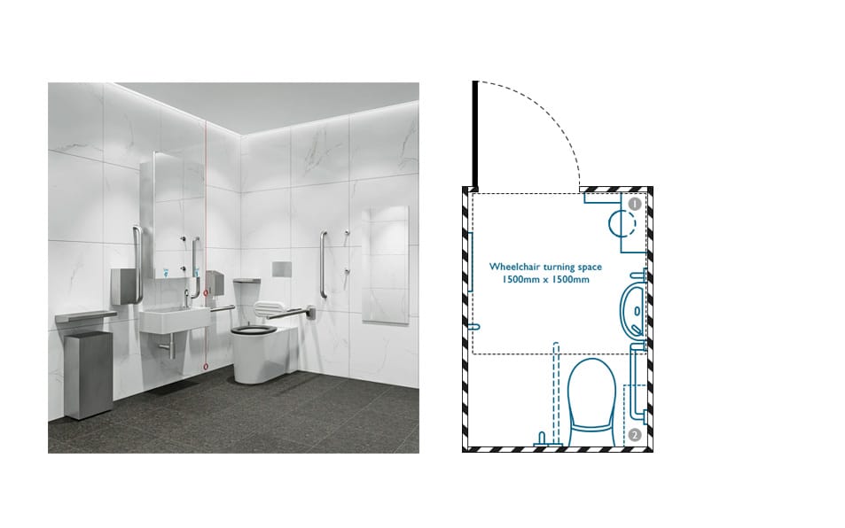 Unisex wheelchair-accessible toilet with corner WC and concealed cistern illustrated drawing