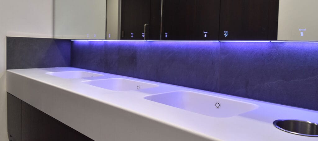 Dolphin vanity units and wash troughs with an ALAVO Mirror System Integration
