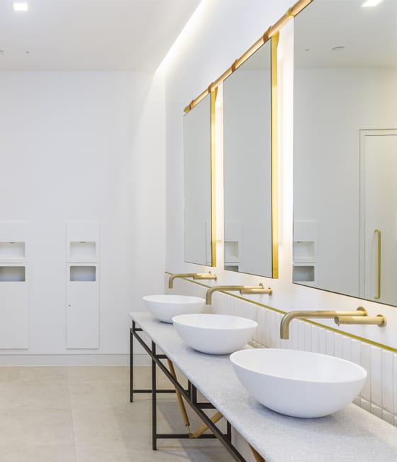 Space saving solution using a multifeed soap dispenser system with panel mounted taps and soap dispenser for a gold themed public washroom