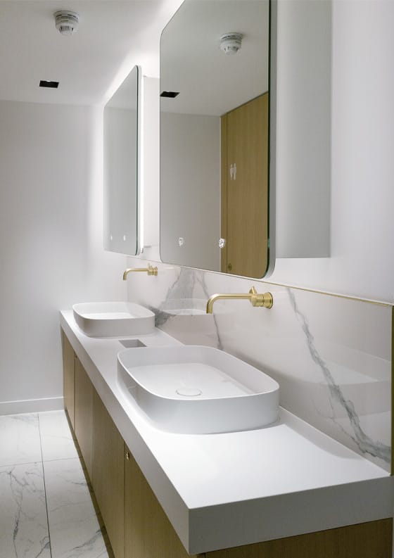 Special coated manual taps on top of two washbasins