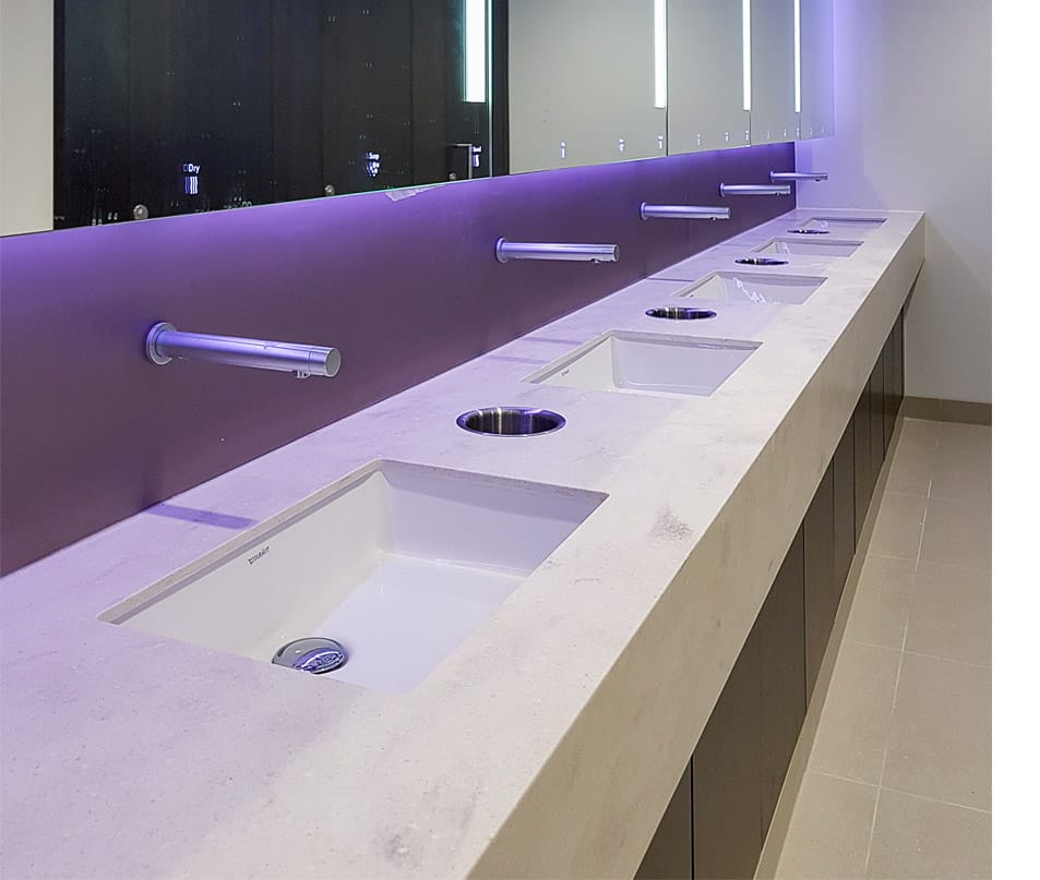 Flat base vanity and seamless commercial wash trough with moulded waste bin chutes