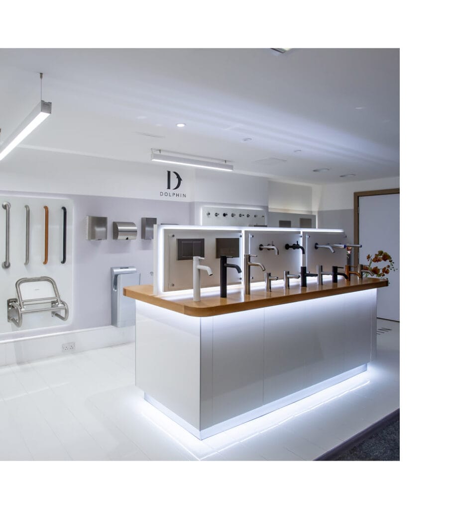 Showroom of a washroom company that provides environmentally friendly washroom products