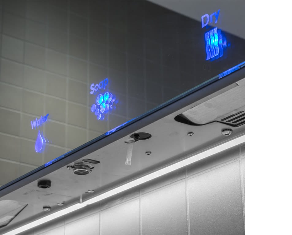 Installed behind mirror soap dispenser