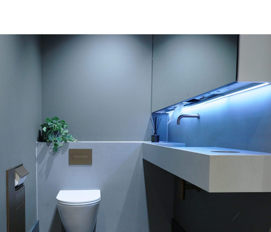 Superloo washroom using a wall plate mounted tap to save space