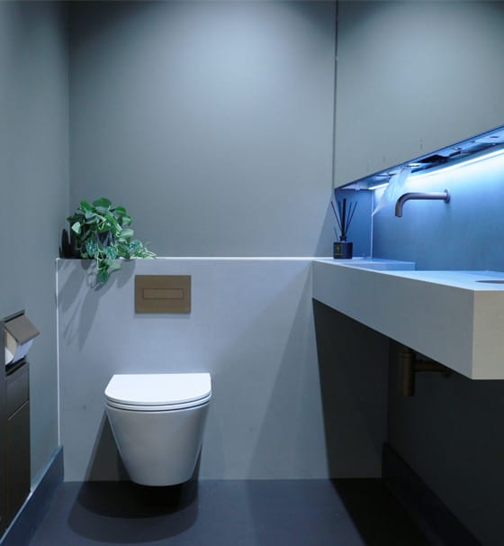 Document T approved superloo with an Alavo mirror sytem, copper finished washroom flush plate, and special finished SMART tap