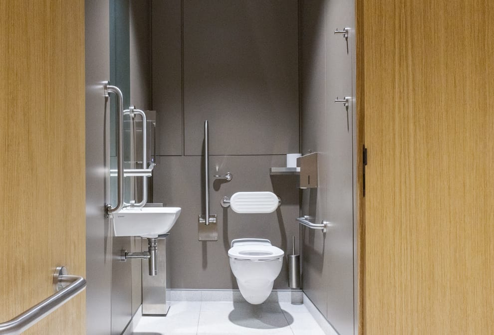 Accessible washroom with robe hooks installed at Ruskin Square