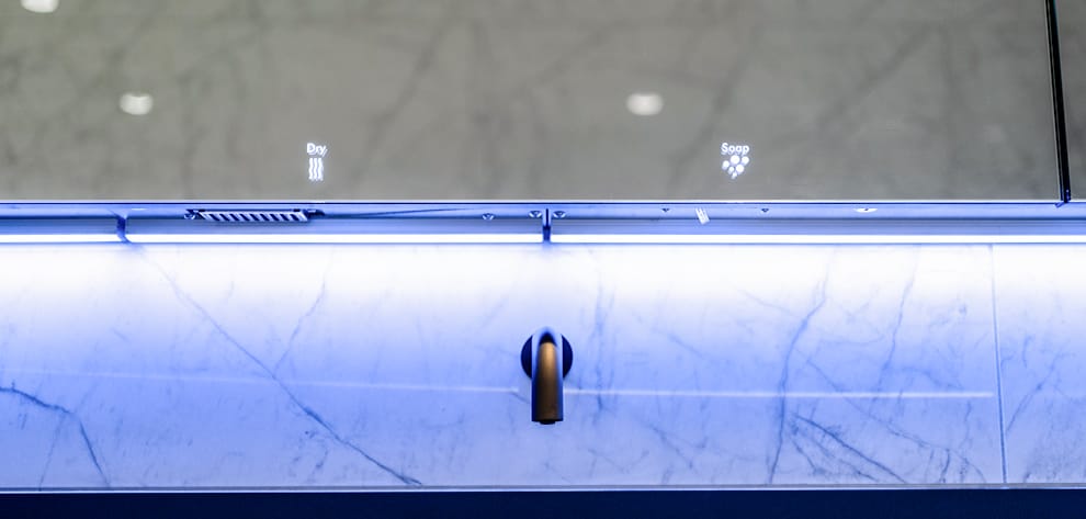 Dolphin Alavo Behind Mirror System with hand dryer and soap dispenser at Carlton Park