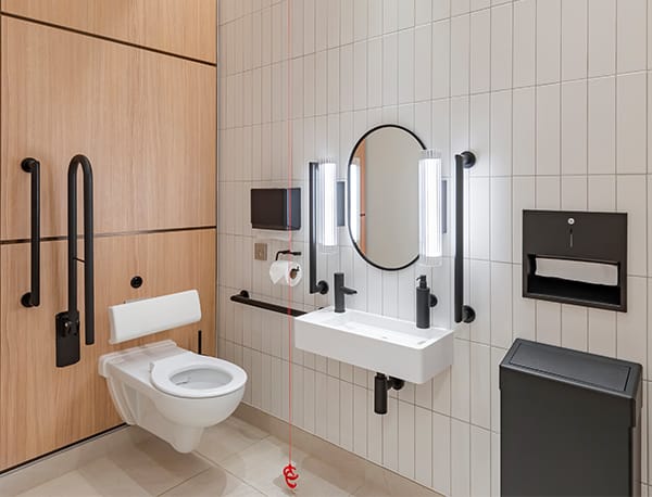 Special finished washroom accessories in an accessible washroom at St. Martins Le Grand
