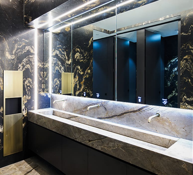 Luxurious and elegant washroom at Box Hill, installed with Alavo Mirror Sytem and special finished taps and other washroom accessories