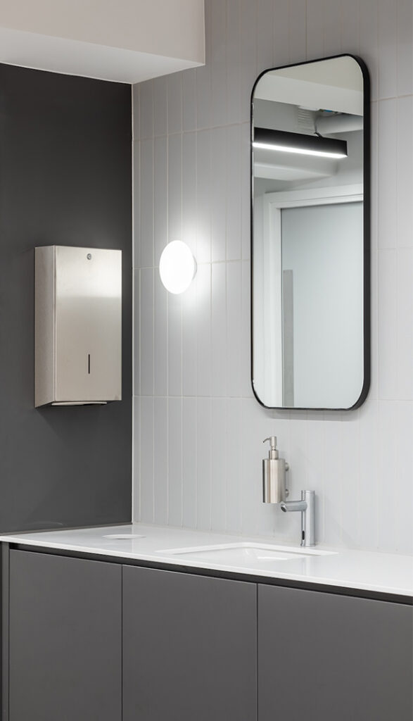 Dolphin Solutions towel dispenser, touch free tap, and soap dispenser at Woolgate Exchange