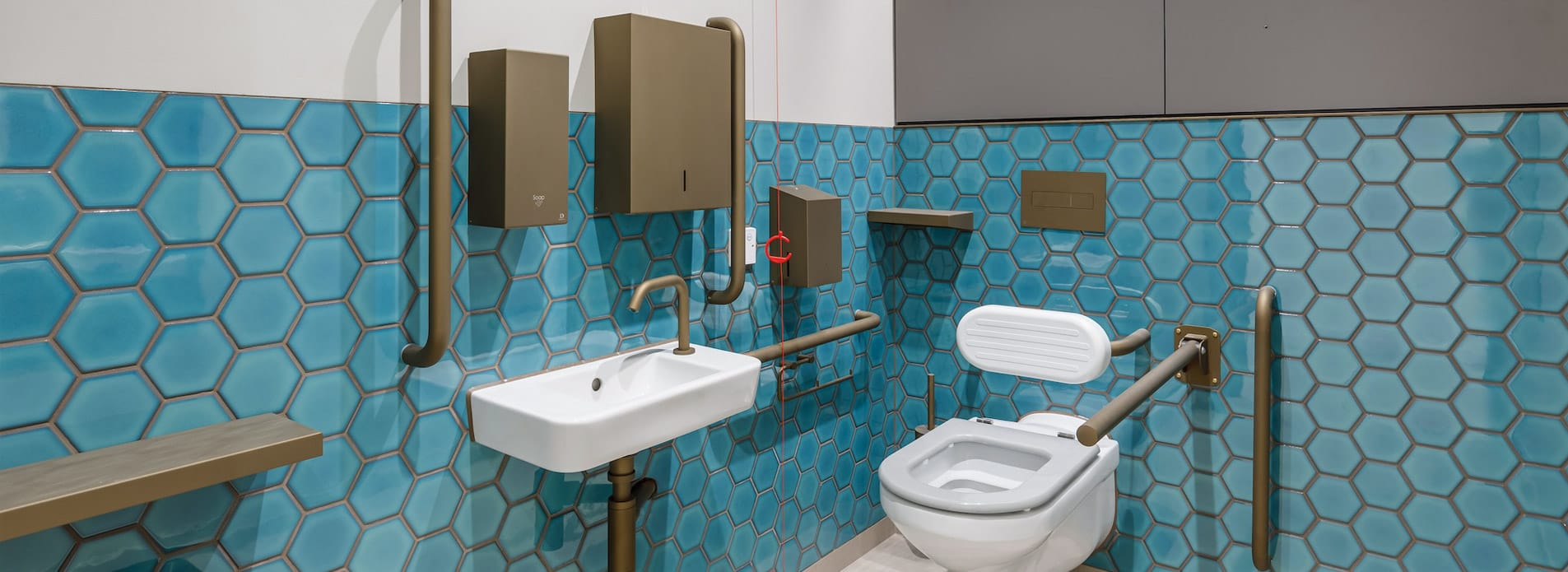 Contemporary aesthetic design accessible washroom where all accessories are ceramic coated in one colour