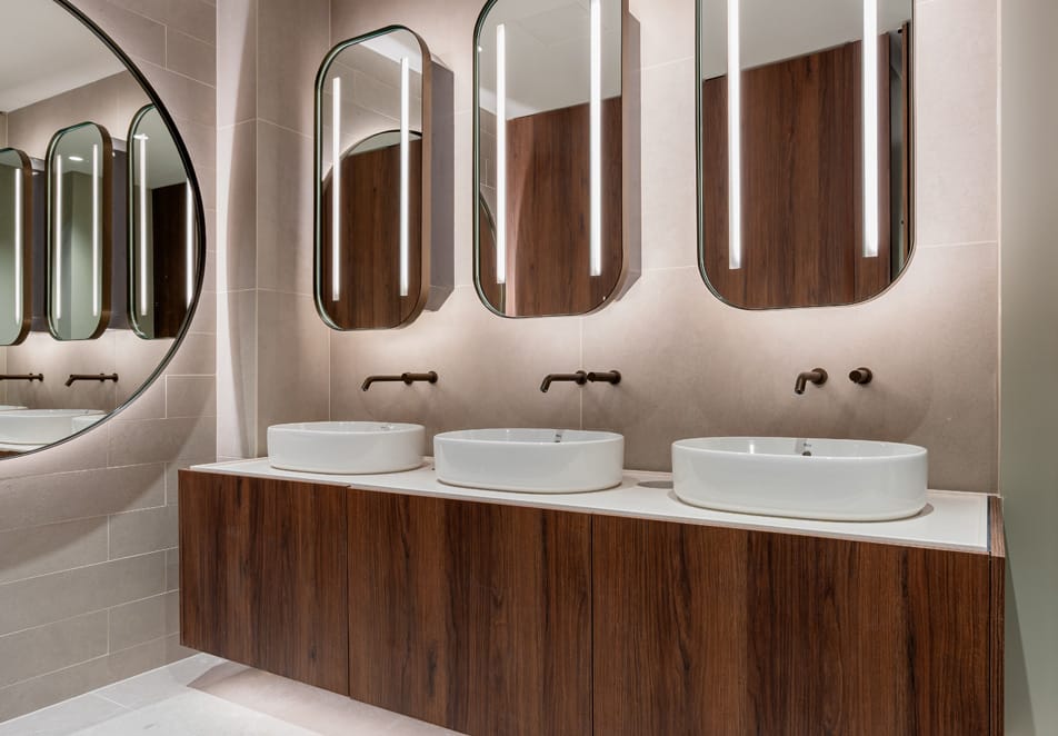 Washroom hand washing area with special finished taps and soap dispensers